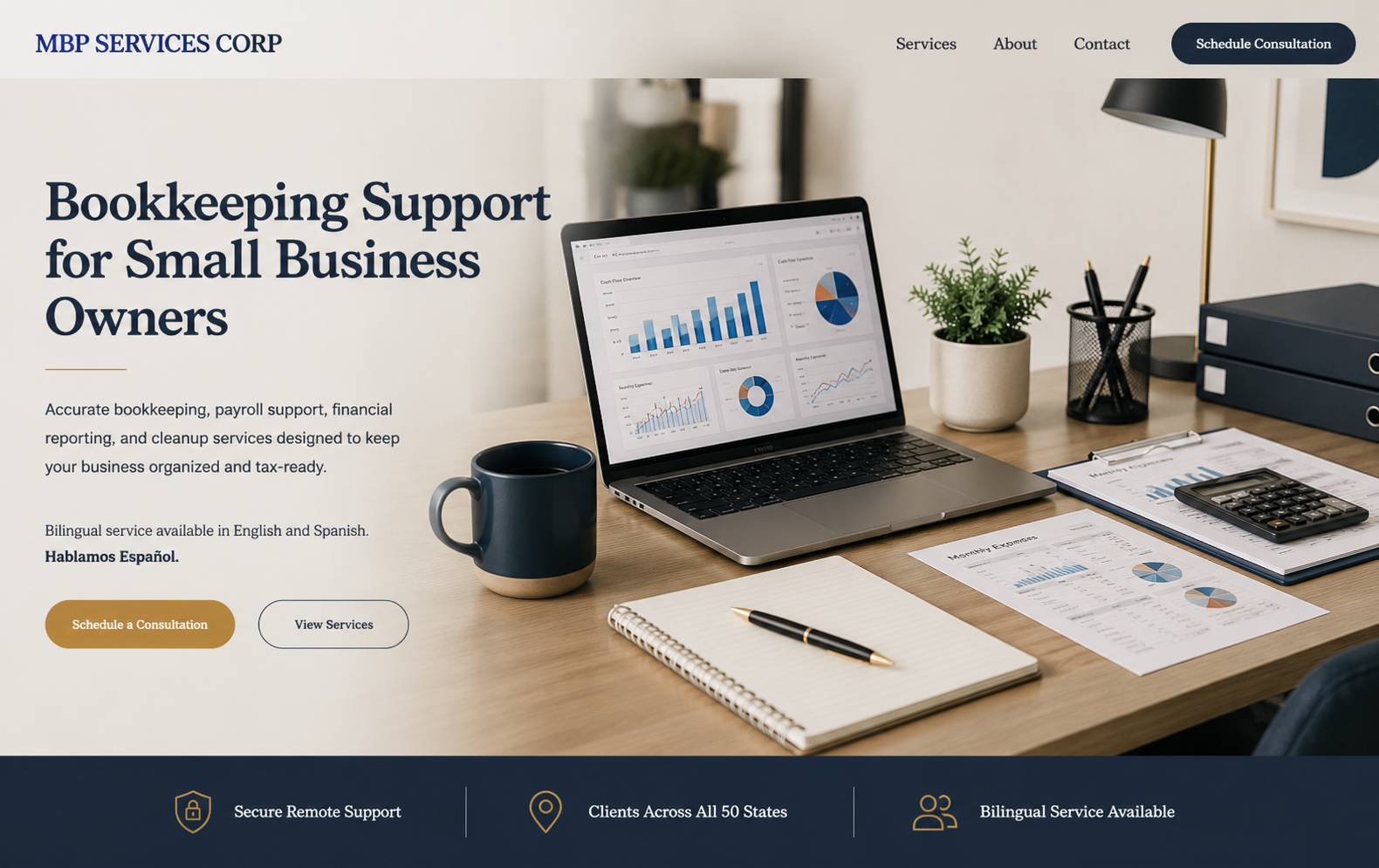 Business website homepage for MBP Services Corp offering bookkeeping support for small businesses. Features a desk with a laptop displaying financial graphs, a notebook, a pen, a mug, paperwork, a calculator, and folders, with navigation options at the top for services, about, contact, and a schedule consultation button.