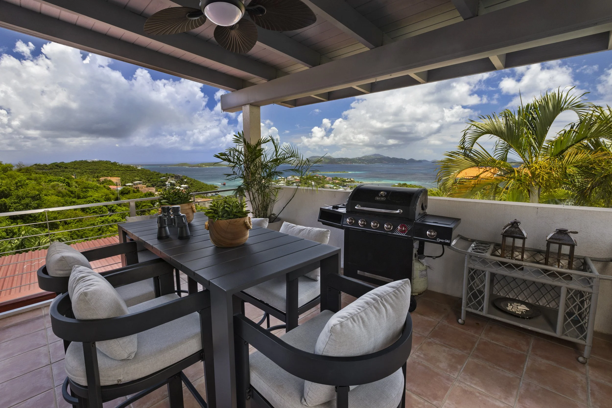 Mandavilla St. John USVI vacation rental A balcony with a black dining table and cushioned chairs, potted plants, a barbecue grill, and a view of green hills, water, and sky with clouds.