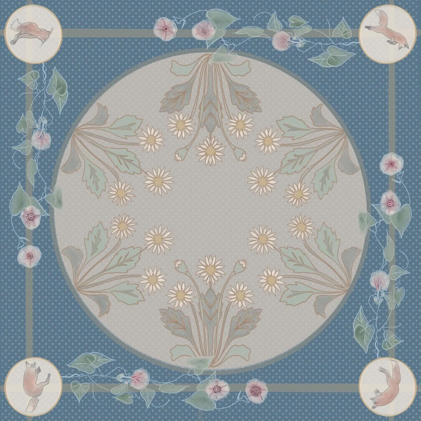 April and September family flowers with Red Fox in the snow for a dear friend 🌼🌸🌼🦊🌼🌸🌼 This was printed as a silk scarf in 2 colour ways. I love working in a more direct design as much as I love the freedom of my fine art practice. Always inter