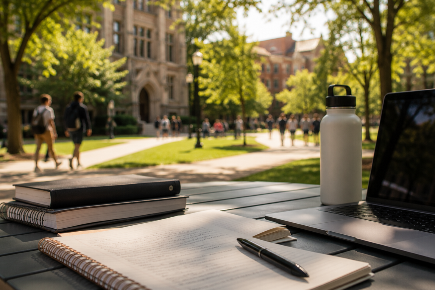 Study materials on a desk outdoors on a university campus, including notebooks, a pen, a water bottle, and a laptop, with students walking in the background under trees.