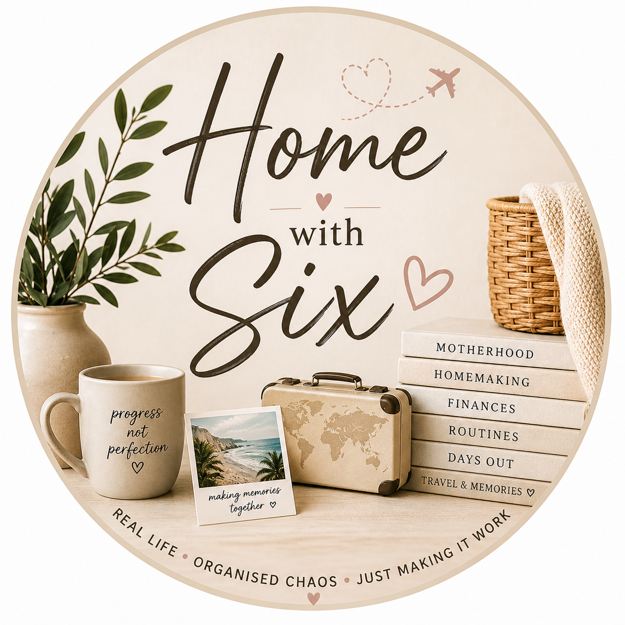 Decorative sign titled 'Home with Six' surrounded by a plant in a vase, a mug with the quote 'progress not perfection,' a vintage suitcase, a Polaroid picture, a stack of books with titles 'Motherhood,' 'Homemaking,' 'Finances,' 'Routines,' 'Days Out,' 'Travel & Memories,' and a wicker basket with a blanket, with small hearts and a plane icon.