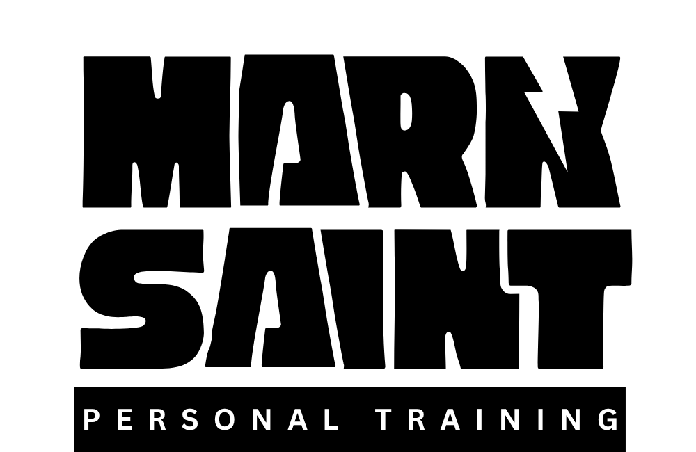 White version of the Mark Saint Personal Training logo displayed in the final "Contact Me" and free assessment booking section.  
