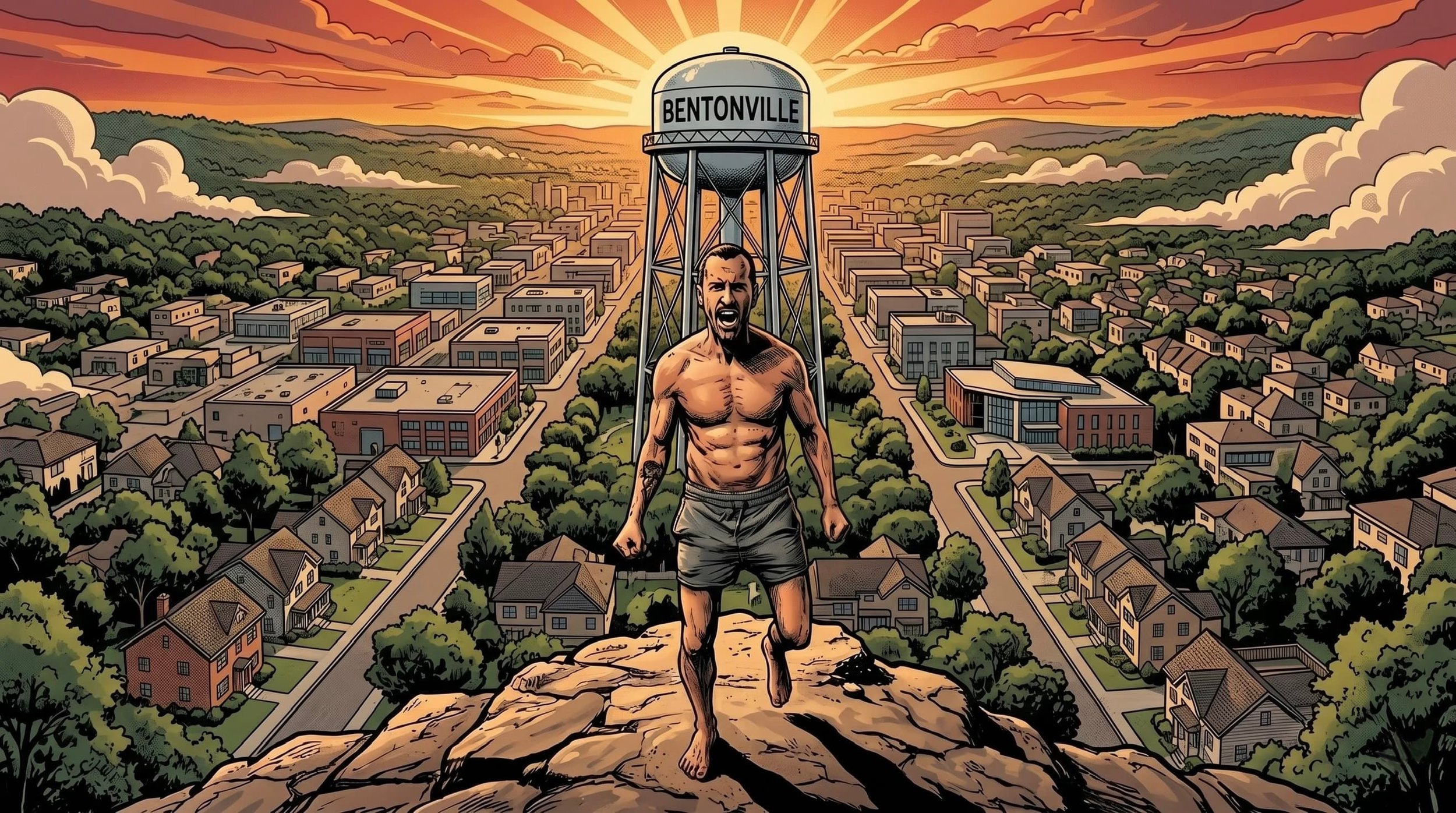 Comic style illustration of an outdoor personal trainer in Bentonville AR standing on a hill overlooking the town water tower.