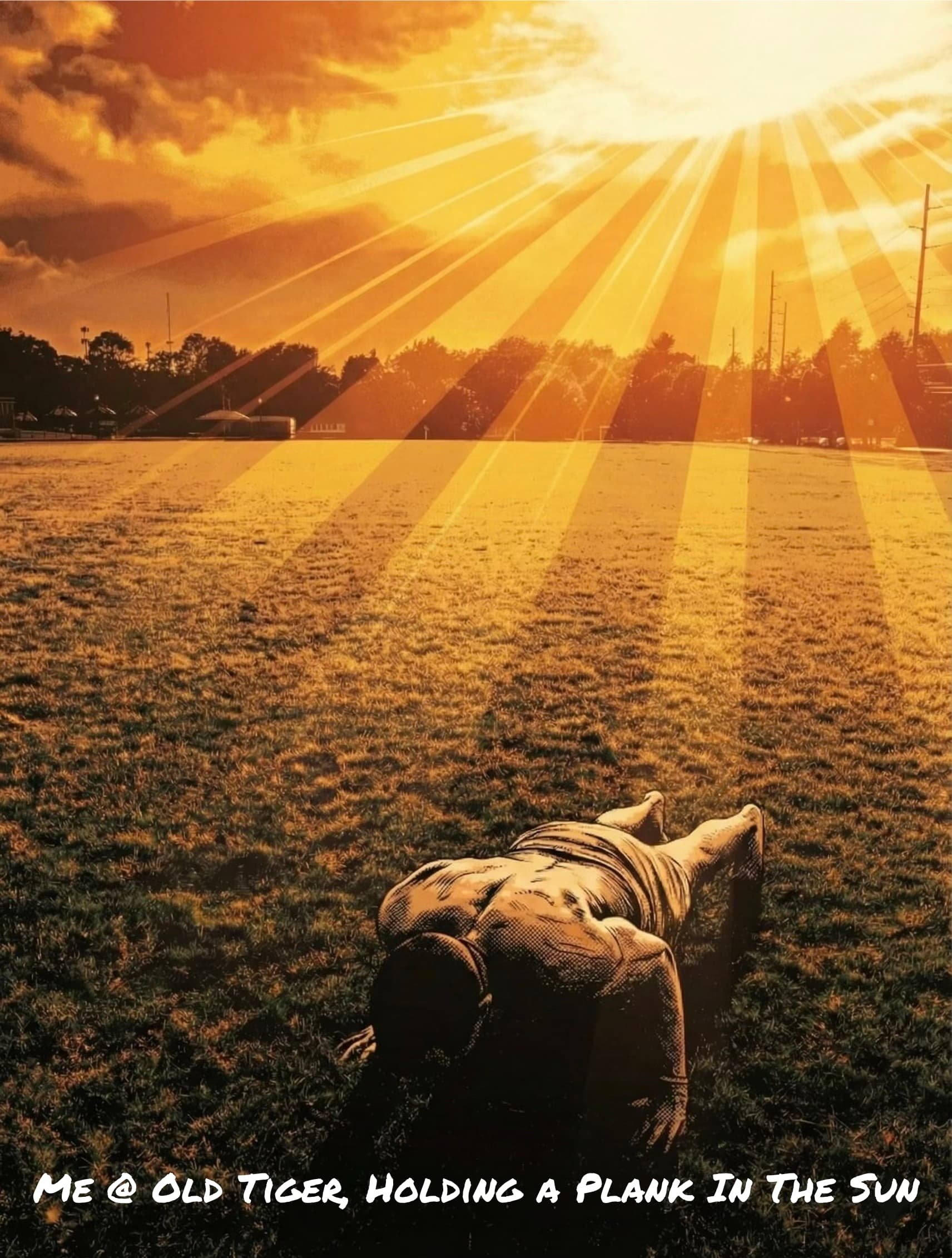 Comic style illustration of personal trainer Mark Saint holding a plank exercise in the sun at Old Tiger Track in Bentonville AR. Includes a handwritten note reading: "Me @ Old Tiger, holding a plank in the sun."