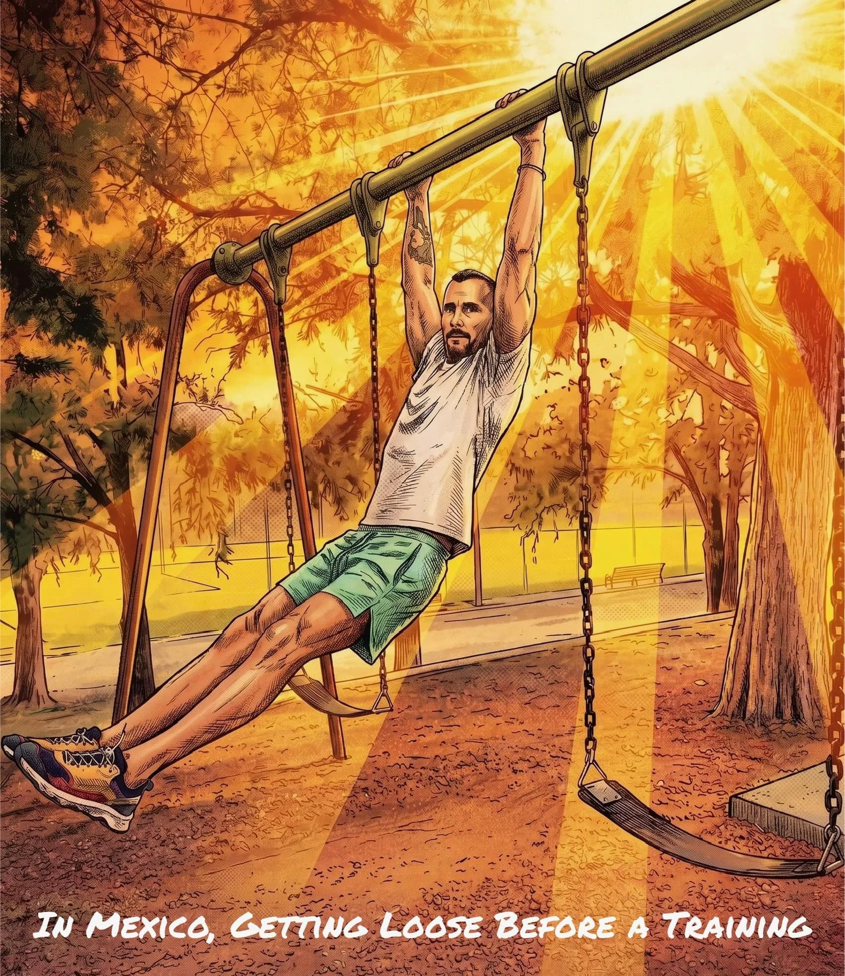 Comic book style illustration of Bentonville AR personal trainer Mark Saint hanging from a playground swing set frame to stretch out in the sun. Includes a handwritten note at the bottom reading: "In Mexico, getting loose before a training."