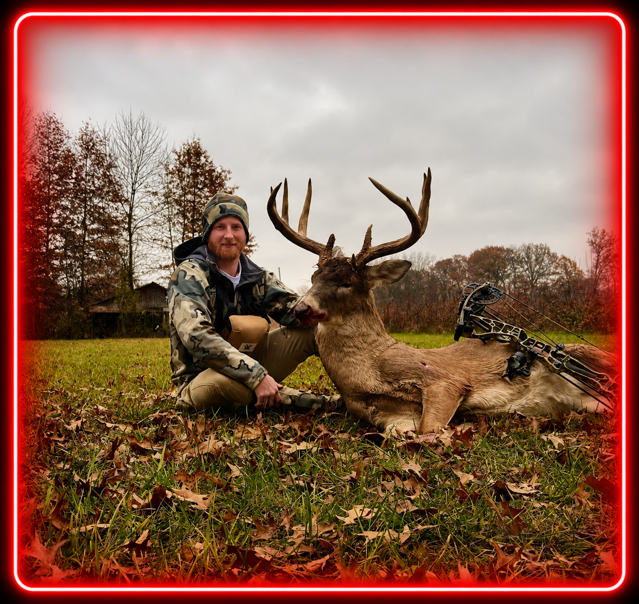 A man in camouflage gear sits on the ground next to a large, dead deer with antlers, holding a bow, in an outdoor setting with trees and a cloudy sky.