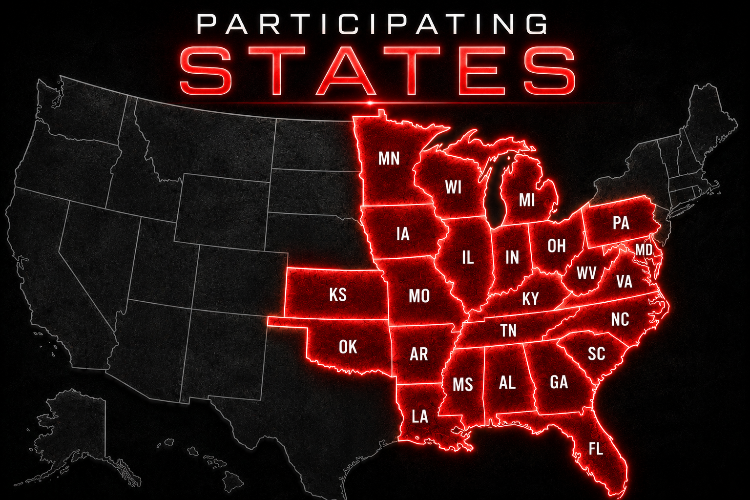 Map of the United States with the states highlighted in red where people are participating, including Minnesota, Wisconsin, Michigan, Pennsylvania, Ohio, Maryland, West Virginia, Virginia, North Carolina, South Carolina, Georgia, Florida, Alabama, Mississippi, Louisiana, Arkansas, Missouri, Kansas, Oklahoma, Texas, Indiana, Illinois, Iowa, Nebraska, and others.