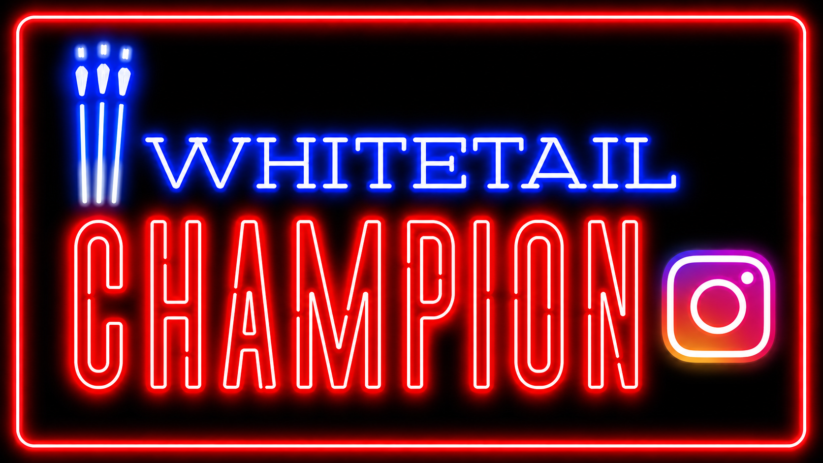 Neon sign advertising Whitetail Champagne with three champagne bottles and Instagram logo.