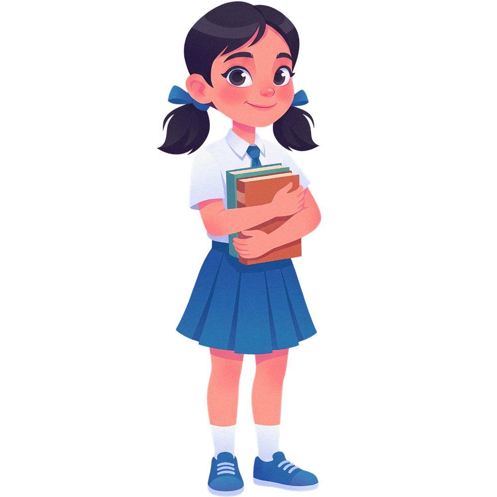 Cartoon girl with black hair in pigtails, wearing a white school shirt, blue tie, and blue skirt, holding books and smiling.