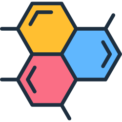 Three interconnected hexagons in yellow, blue, and pink with black outlines.
