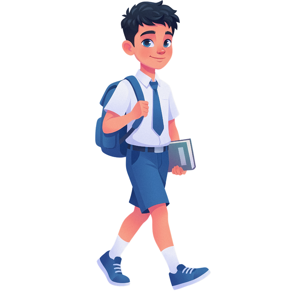 Cartoon boy in a school uniform with a backpack holding a book, walking.