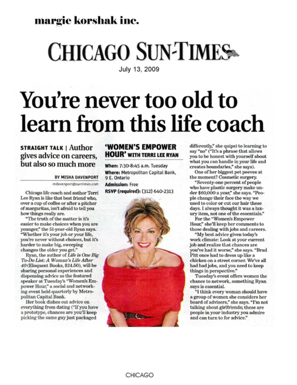 Front page of the Chicago Sun-Times newspaper dated July 13, 2009, featuring an article titled 'You're never too old to learn from this life coach,' with a photo of a woman with short hair in a red top.