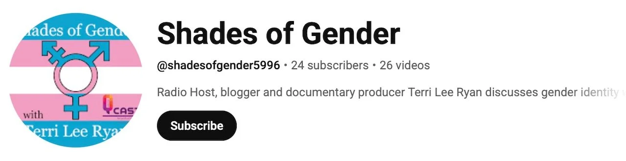 YouTube channel profile picture featuring gender symbols for male, female, transgender, and non-binary with pink, blue, and white stripes and the channel name 'Shades of Gender'.