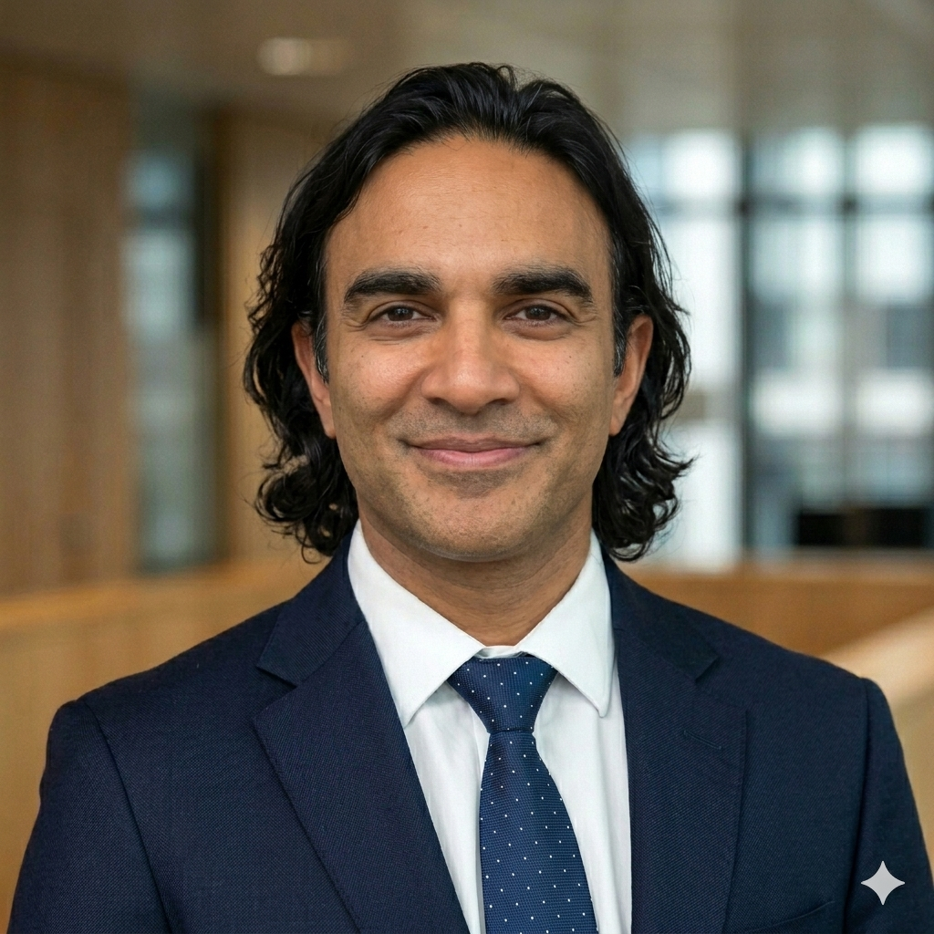 A man with dark, wavy hair wearing a navy suit, white shirt, and navy tie with white polka dots, smiling in a professional setting with blurred windows in the background. Sharmil Modi