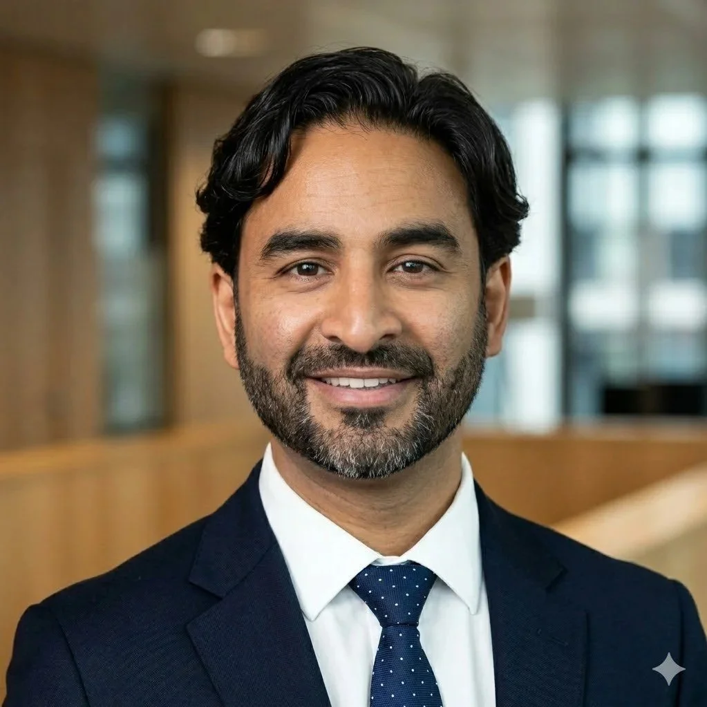 A professional man with dark hair, a beard, wearing a navy suit, white shirt, and dark blue tie with white polka dots, smiling in a modern office setting. Neelam Modi