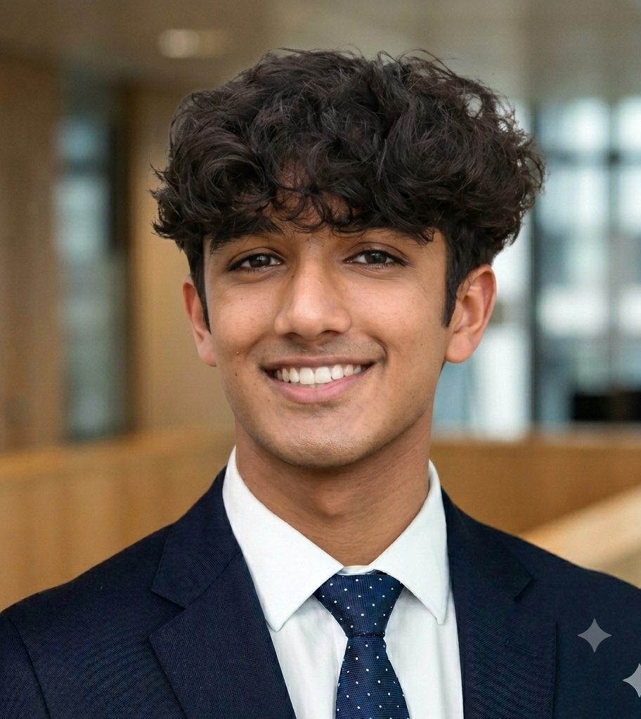 Young man with dark curly hair wearing a dark suit, white shirt, and navy tie with white polka dots, smiling in an indoor setting. Mihir Mody.