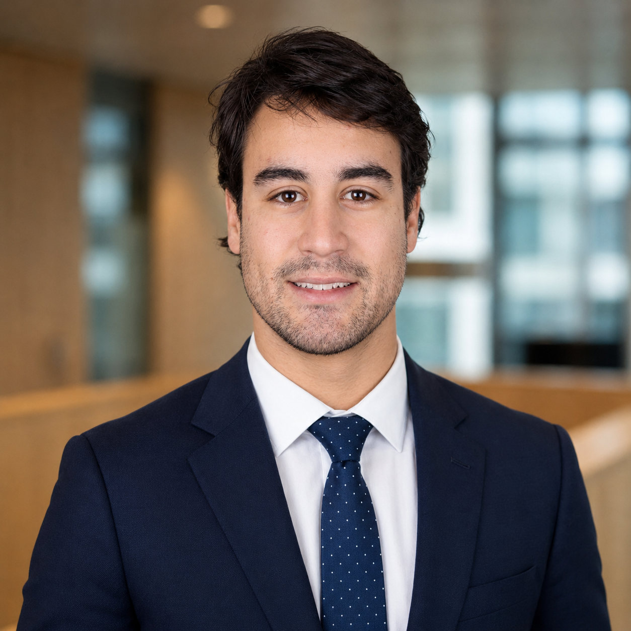 A young man in a navy suit, white shirt, and dotted navy tie smiling in a modern office hallway with large windows and warm lighting. Javi. Javier Arias.