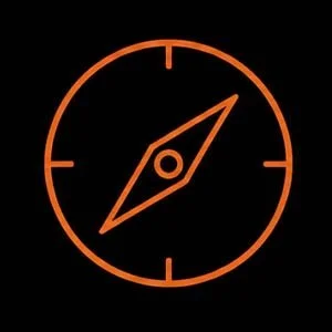 A neon orange compass against a black background