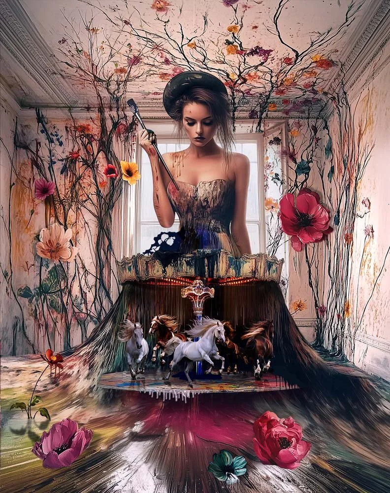 A young woman with long hair and a hat, holding a paintbrush, appears in a surreal, artistic room with floral and nature-inspired patterns on the walls and ceiling. Miniature horses are standing on a platform in front of her, blending into the painte