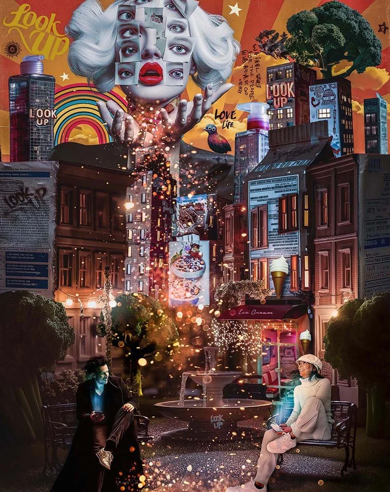 Illustrated collage of a city street scene with a giant woman's face at the top, surrounded by clouds, rainbows, and colorful elements. The woman has white hair and multiple eyes with full lips. There are buildings, a fountain, trees, and people sitt