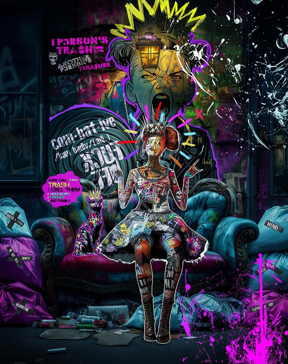 A vibrant graffiti-style digital artwork depicting a young woman with messy hair, tattoos, and colorful clothing sitting on a blue couch, holding a cigarette, with a large graffiti face behind her expressing anger or anguish. The background is filled
