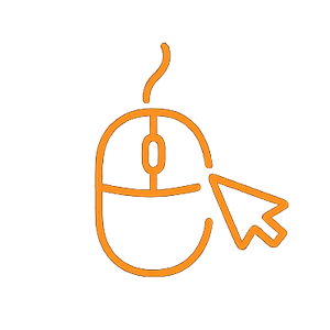 An orange outline of a computer mouse with a cursor clicking on it.