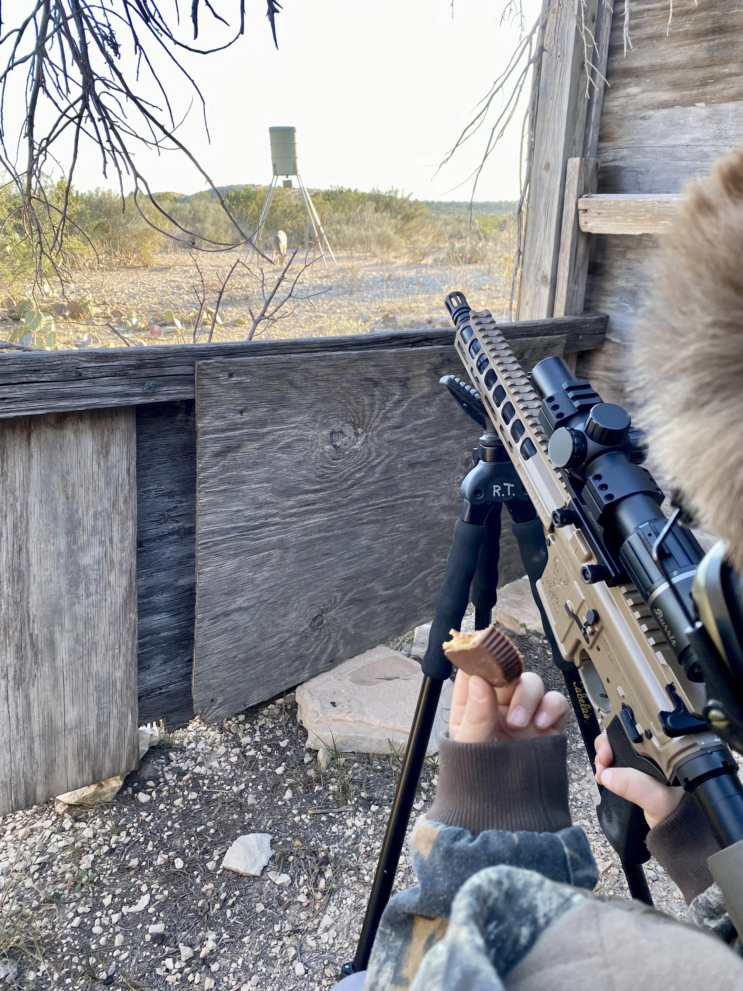 A person holding a chocolate bar next to a rifle positioned on a tripod, peering through a wooden blind in a desert landscape with bushes and a water tower in the background.