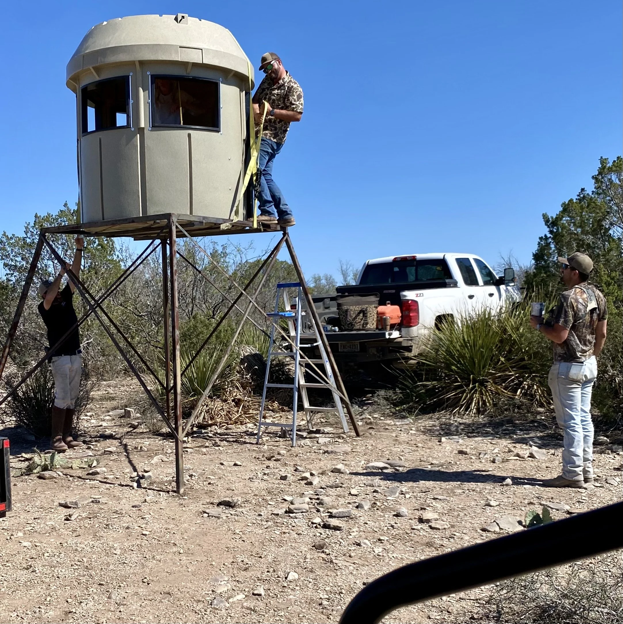 A small observation tower on stilts in an outdoor setting with a clear blue sky, surrounded by some trees and plants, with a person standing nearby holding a measuring tape and another inside the tower.