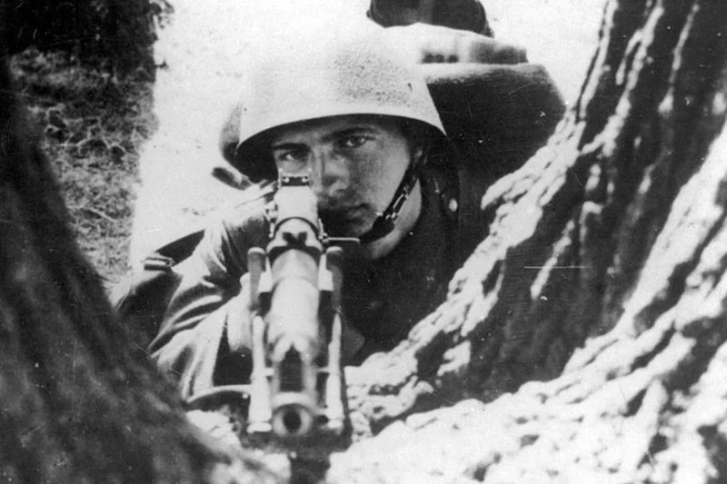 A soldier wearing a helmet, aiming a rifle through a gap in tree trunks in a forested area.