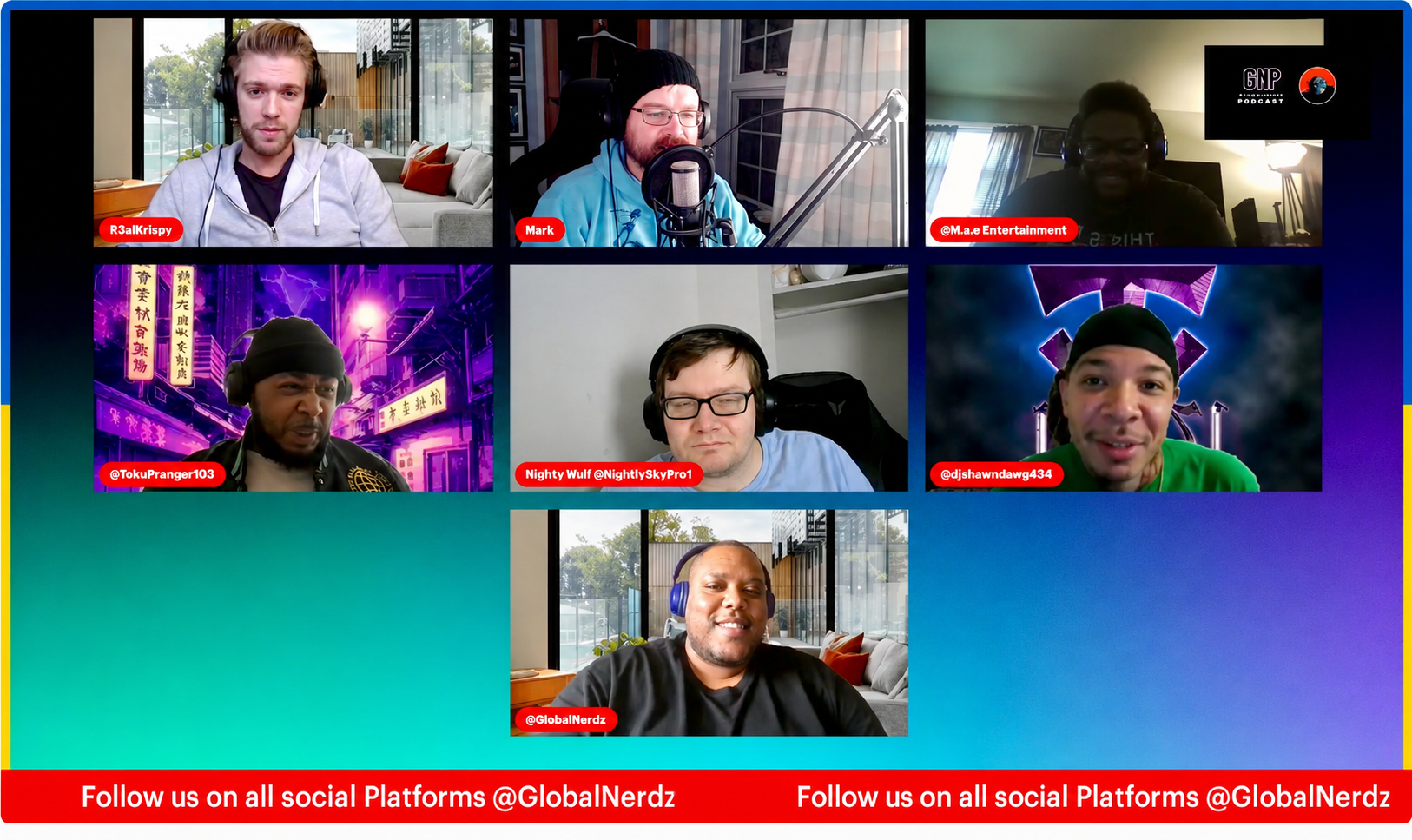 A virtual group chat featuring seven men in individual video frames on a colorful background with social media handles and a message to follow on social platforms.