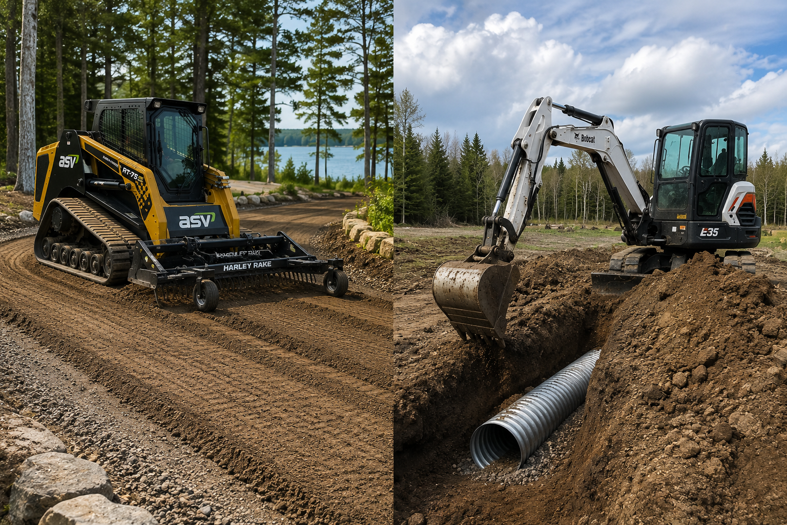 Two construction vehicles: a compact track loader on a dirt path in a forested area, and an excavator digging a trench with a large pipe in a field with trees and a partly cloudy sky.