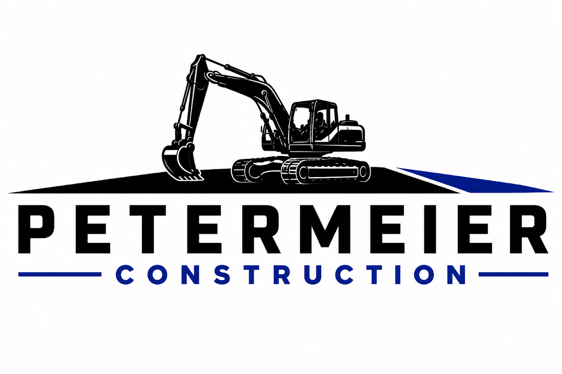 Logo of Petermeyer Construction featuring a black excavator on a construction site with bold text.