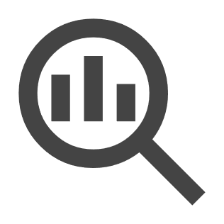 Magnifying glass icon with a bar chart inside.