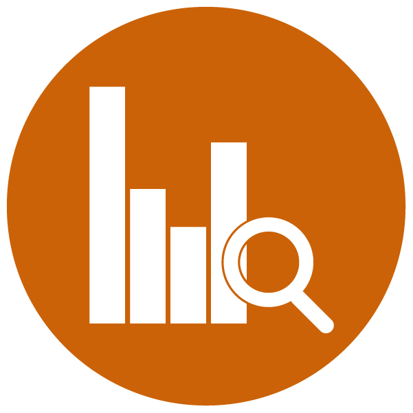 Icono de análisis de datos con barras y lupa como conocimiento estratégico