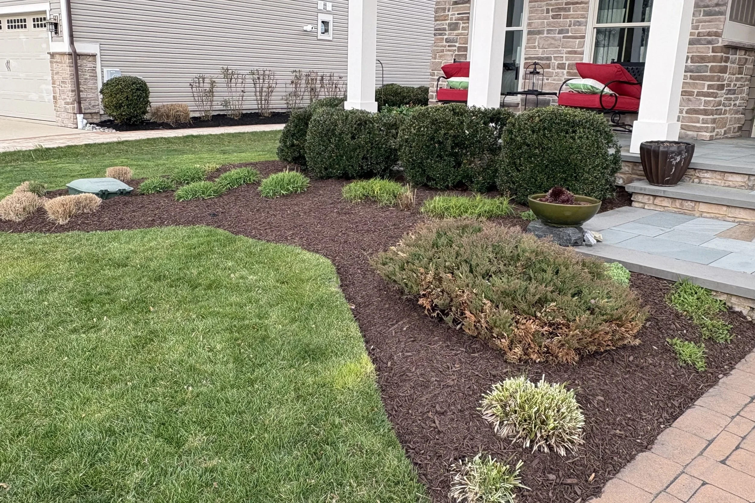 Front yard landscaping with green grass, mulch beds with shrubs and ornamental grasses, a porch with red cushioned chairs, potted plants, and a stone walkway in Frankford, Delaware.