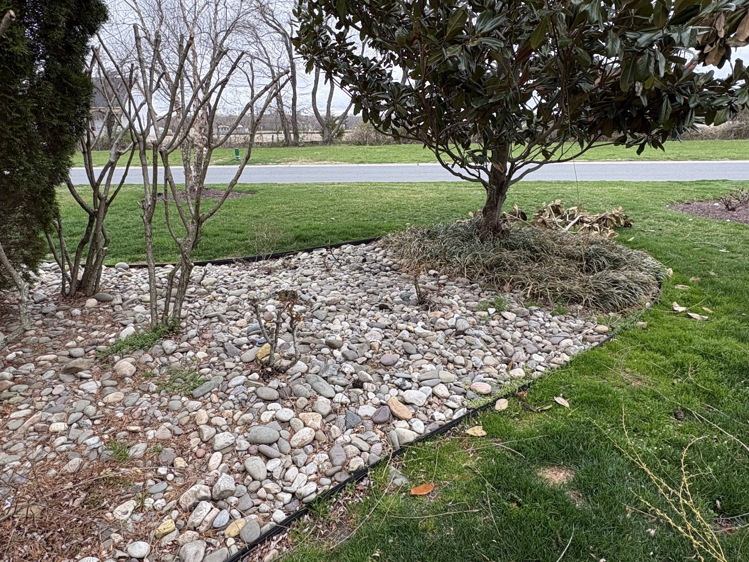 Front yard landscaping bed before cleanup and mulching service in Delaware