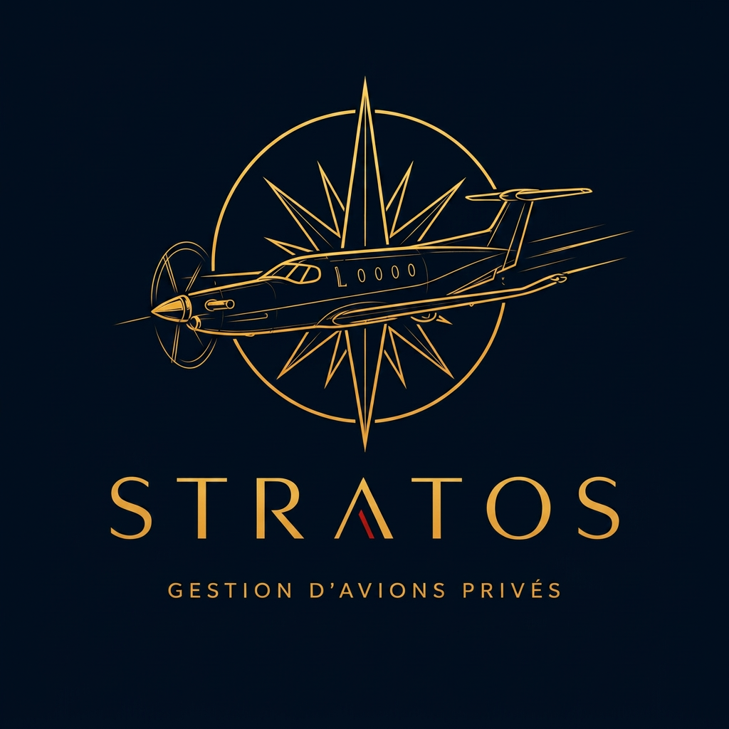 Logo doré représentant un avion stylisé devant une boussole, avec le texte "STRATOS" et en dessous "Gestion d'avions privés" sur fond foncé.