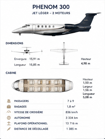 Diagramme illustrant un jet privé Phenom 300 avec dimensions, cabine, nombre de passagers, bagages, vitesse, autonomie et autres spécifications techniques.