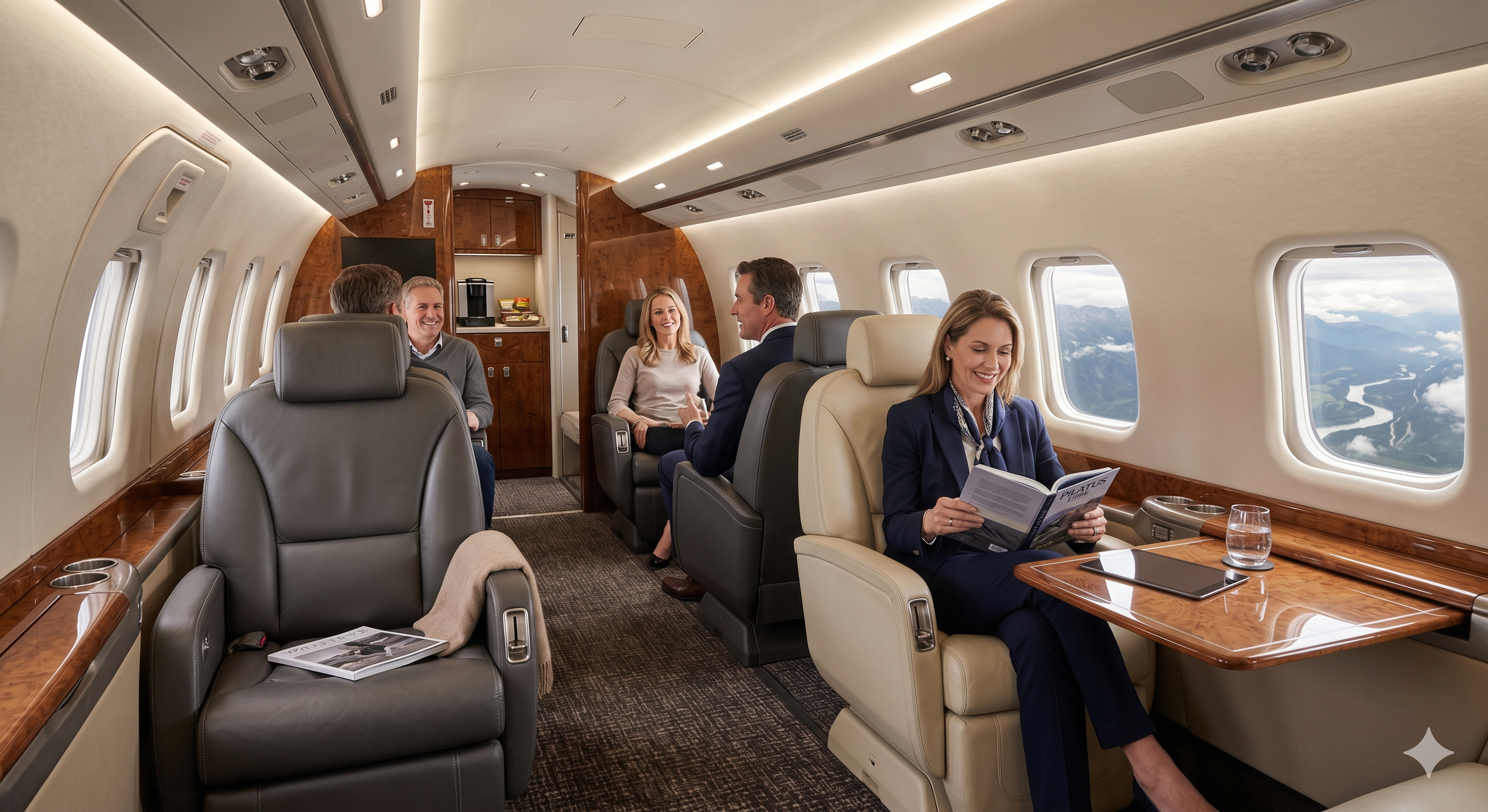 Personnes d'affaires dans un jet privé, certains conversant et d'autres lisant un magazine, avec vue sur une rivière et des montagnes à travers les fenêtres.