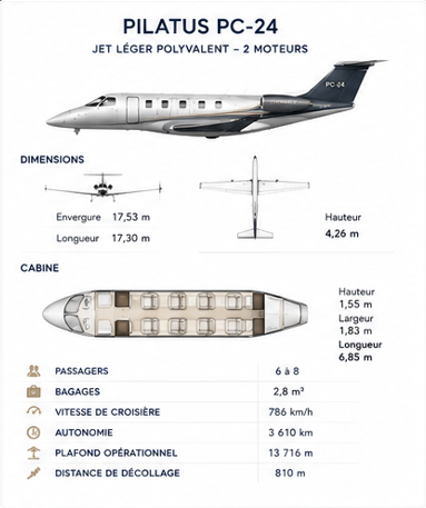 Fiche technique d'un jet léger polyvalent PILATUS PC-24 avec dimensions, cabine, passagers, bagages, vitesse, autonomie, plafond opérationnel, distance de décollage.