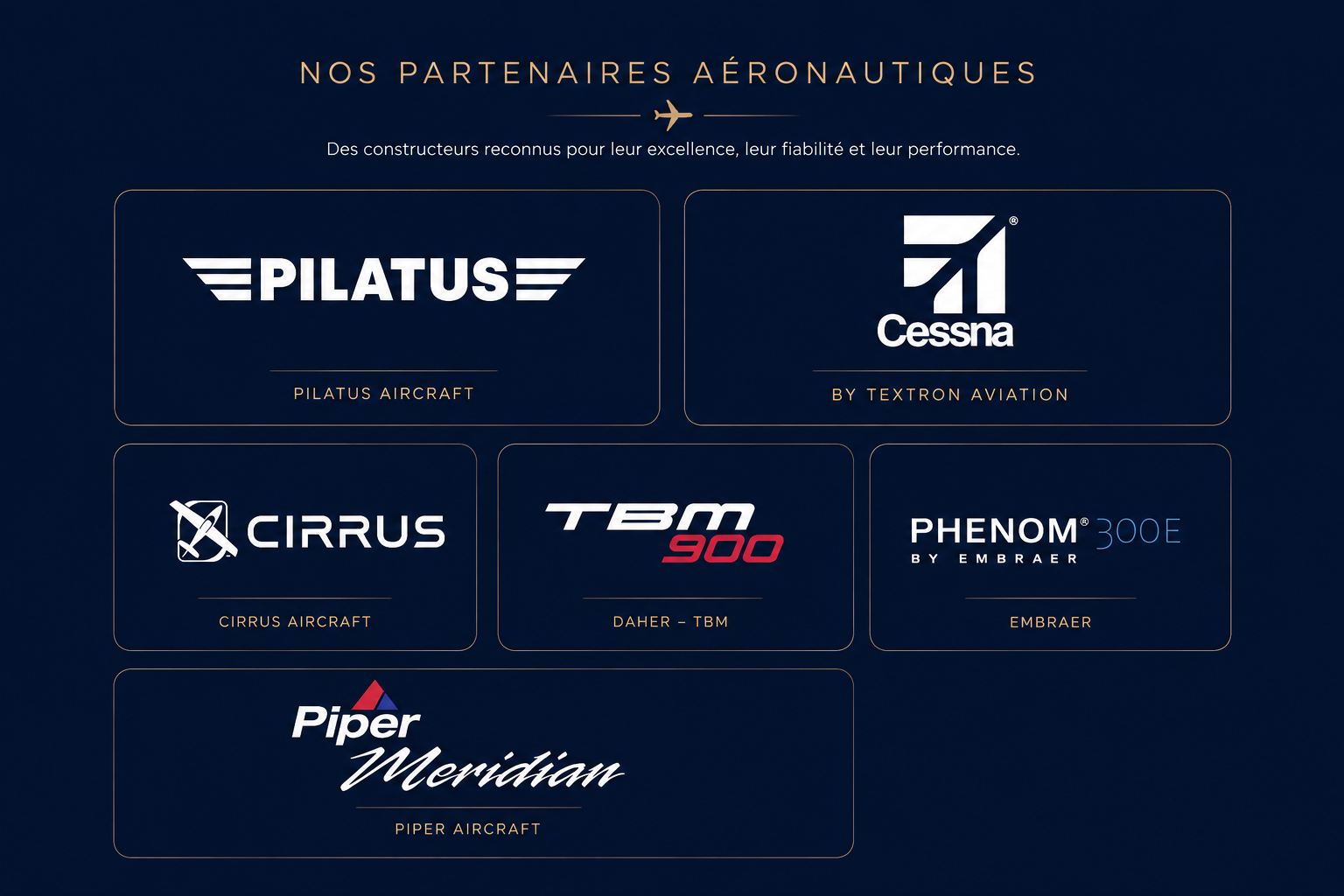 Liste des partenaires aéronautiques avec logos de Pilatus, Cessna, Cirrus, TBM, Phenom, Piper, et une description de leurs noms et fabricants.