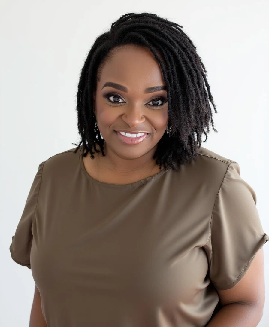 Portrait of a smiling African American woman with short, curly black hair, wearing a brown satin-like top, standing against a plain white background.