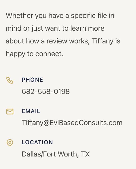 Contact information section with phone number, email address, and location in Dallas/Fort Worth, TX.