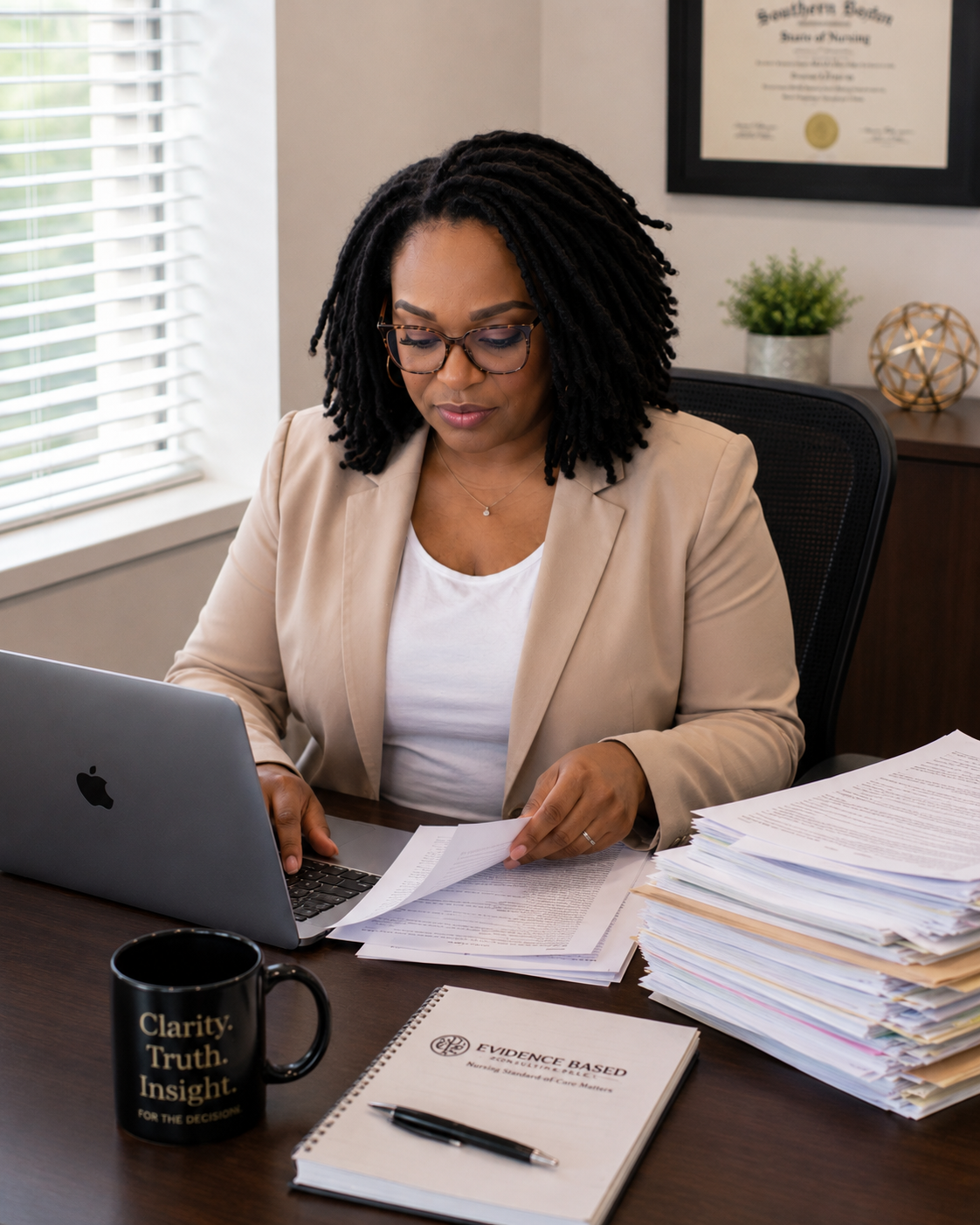 A woman with glasses and shoulder-length curly black hair working at her desk, reviewing documents next to a laptop, with stacks of papers, a black mug reading "Clarity. Truth. Insight." and a notebook titled "Evidence Based". The office has a window with blinds and a framed diploma or certificate on the wall.