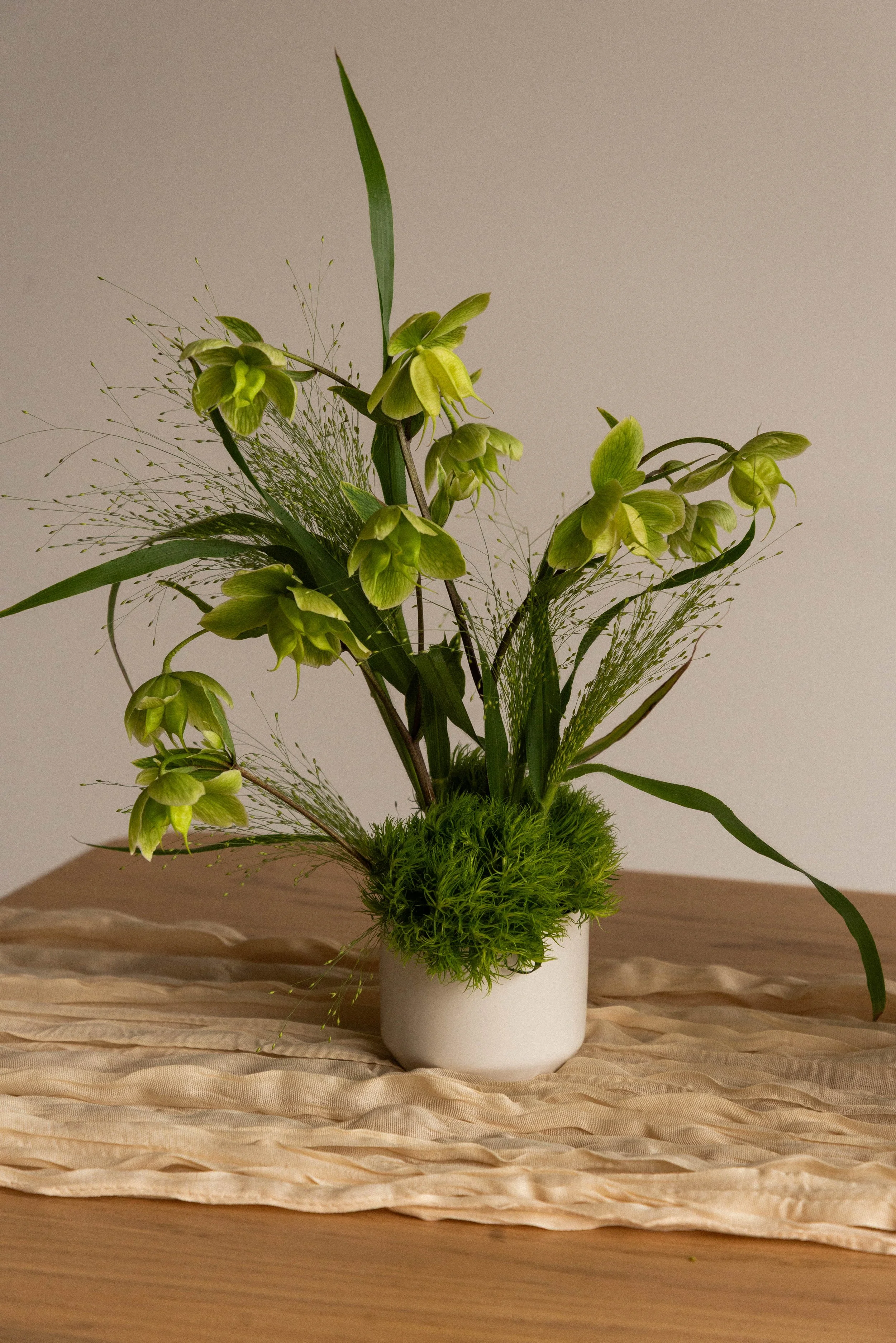 A floral arrangement with green orchids, tall leaves, and delicate wispy greenery in a white ceramic vase on a wooden table, sitting on beige fabric.