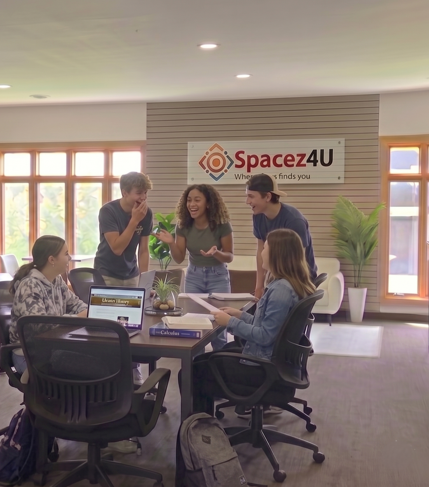 Group of diverse students in a classroom or study space, engaging in conversation and working on laptops and notebooks, with a banner that reads 'Spacez4U' in the background.