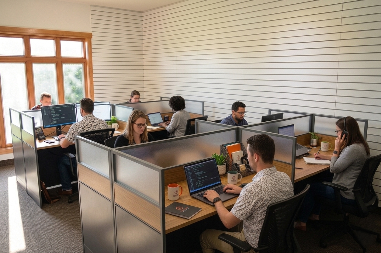 Office workspace with nine employees working at individual desks separated by cubicle partitions, some using laptops and phones, in a well-lit room with wooden window frames.