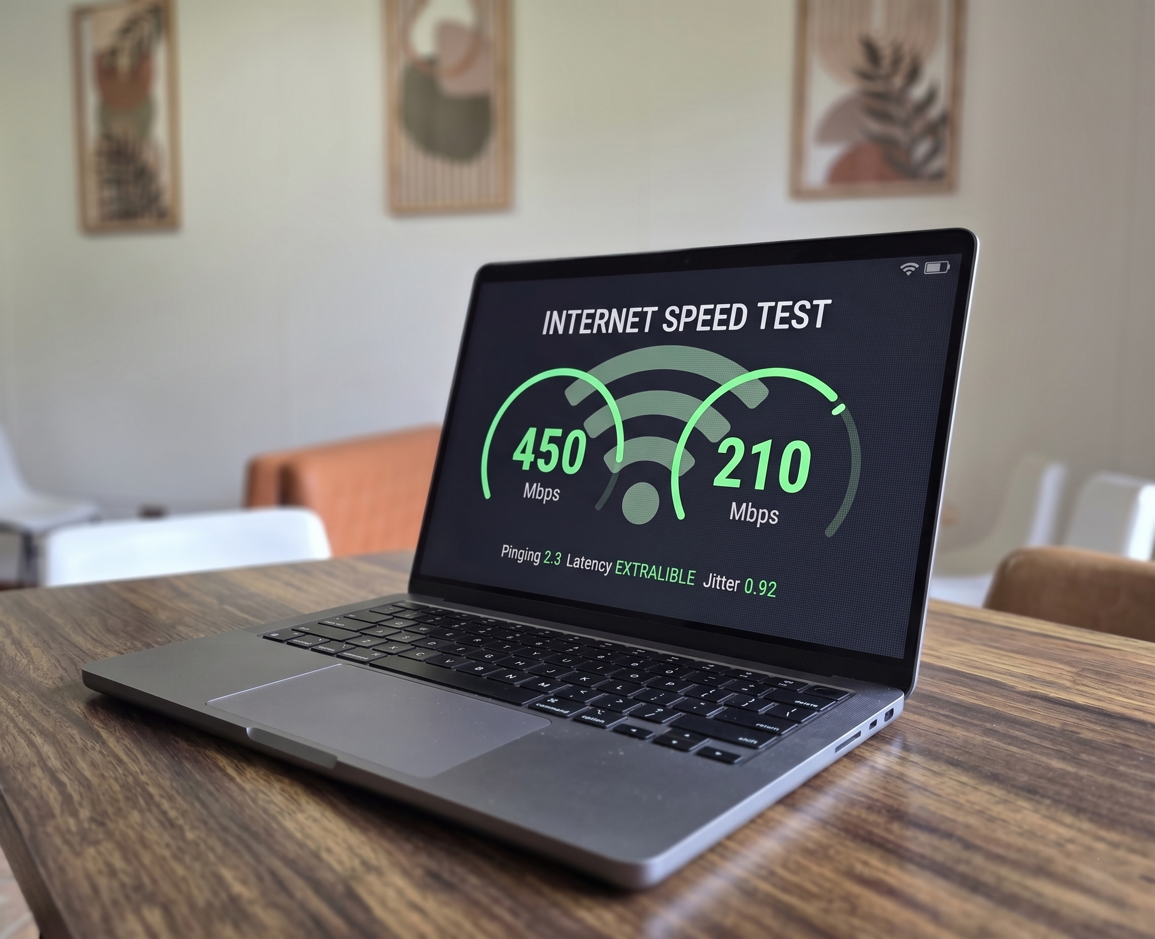 A laptop on a wooden table displaying internet speed test results, indicating download speed of 450 Mbps, upload speed of 210 Mbps, ping of 2.3 ms, latency of extra libre, and jitter of 0.92 ms, in a room with wall art.
