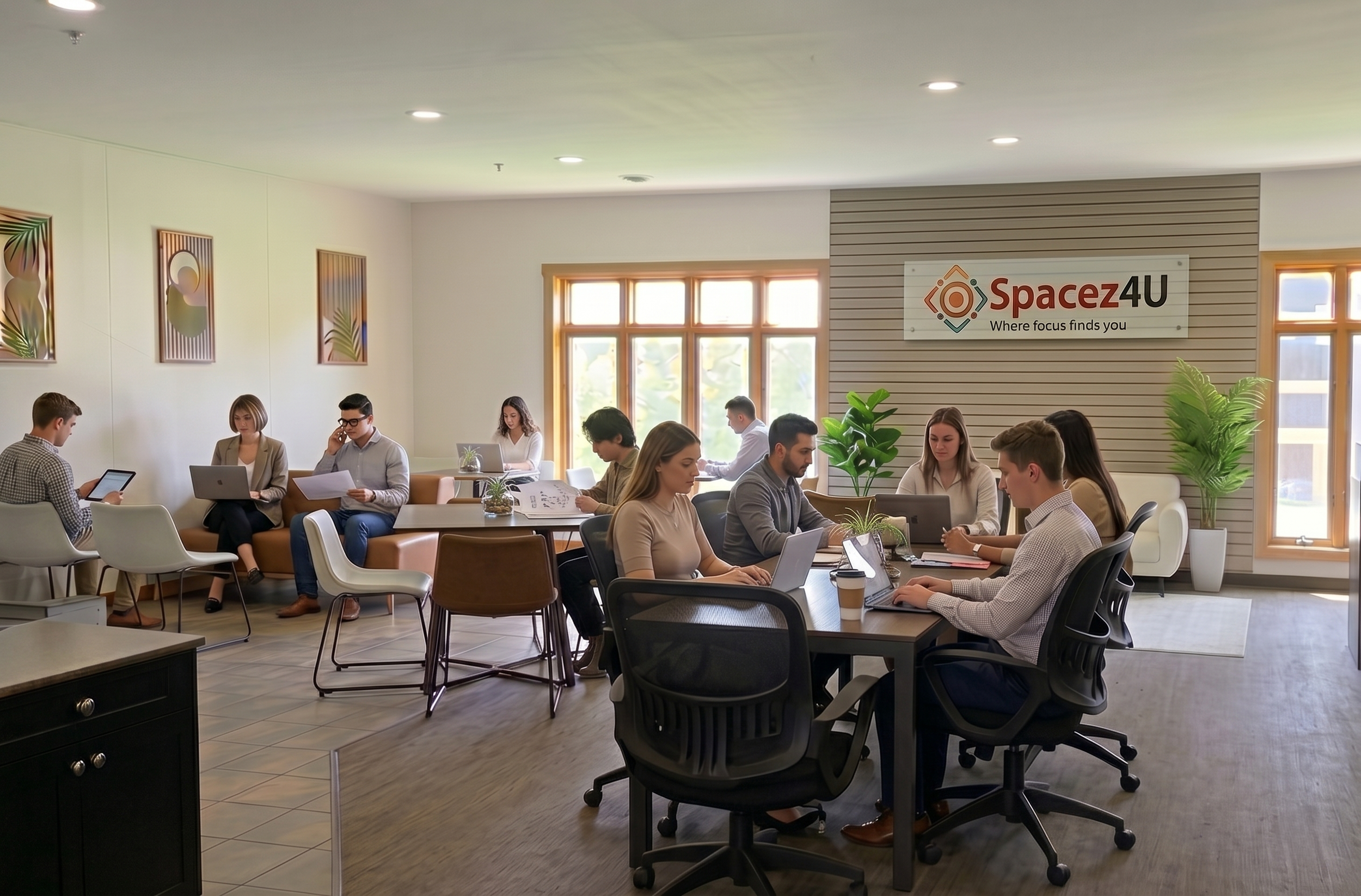 People working on laptops and reading papers in a modern office space with natural light, plants, and a large sign that says 'Spacez4U - Where focus finds you'.