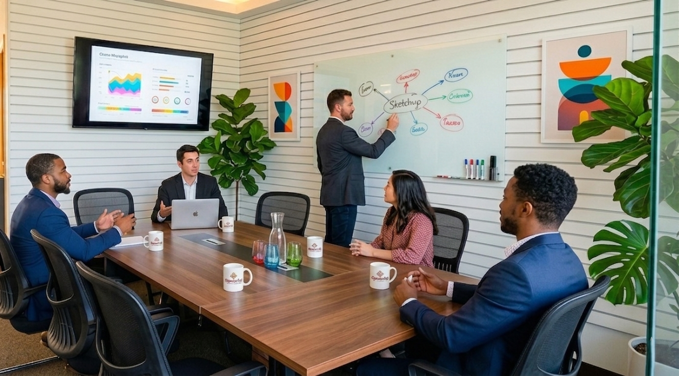 A business meeting in a conference room, with one man presenting a mind map on a whiteboard to four seated colleagues. There is a large screen displaying graphs on the wall, and a table with cups, a laptop, and colorful glassware.